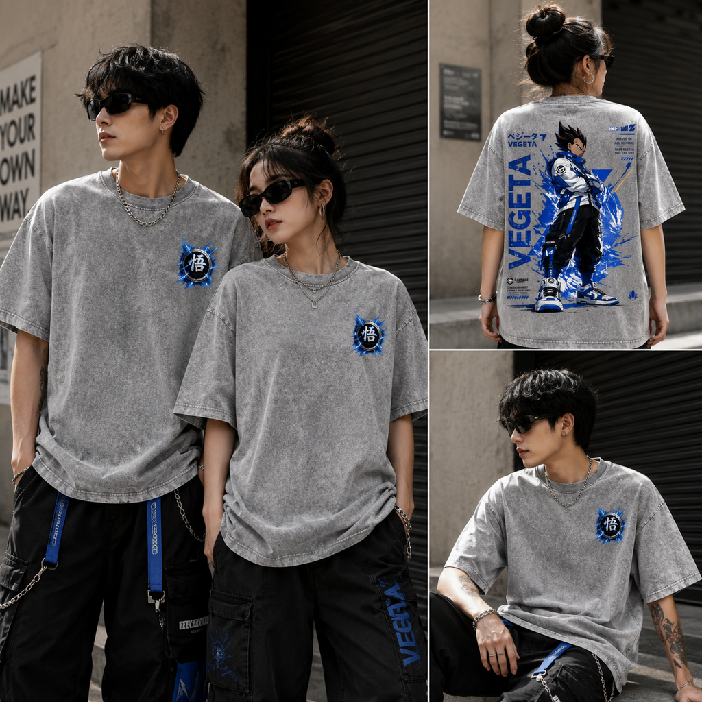 Anime Vegeta Vintage Wash Graphic Tee – Heavyweight Oversized Streetwear T-Shirt