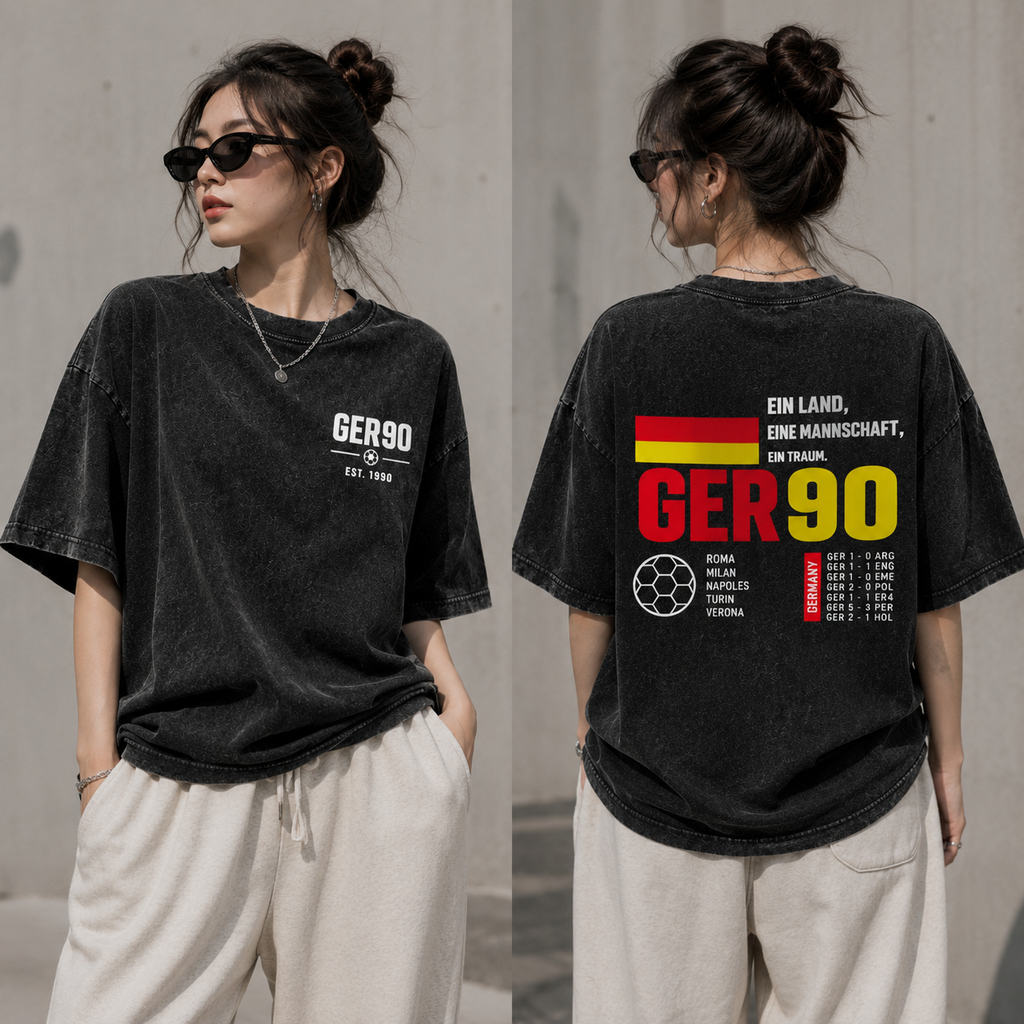 Germany Football Vintage Wash T-Shirt – GER90 Graphic Oversized Tee, German Soccer Fan Heavyweight Shirt, Retro Streetwear Unisex Gift