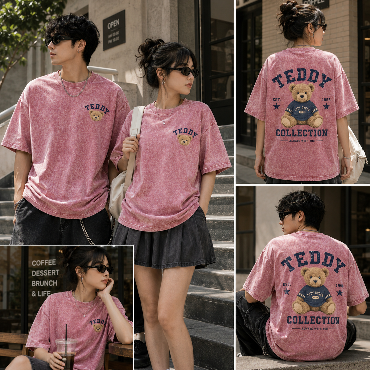 Teddy Collection Vintage Wash Graphic Tee – Cute Teddy Bear Oversized Heavyweight Streetwear T-Shirt for Women & Bear Lovers