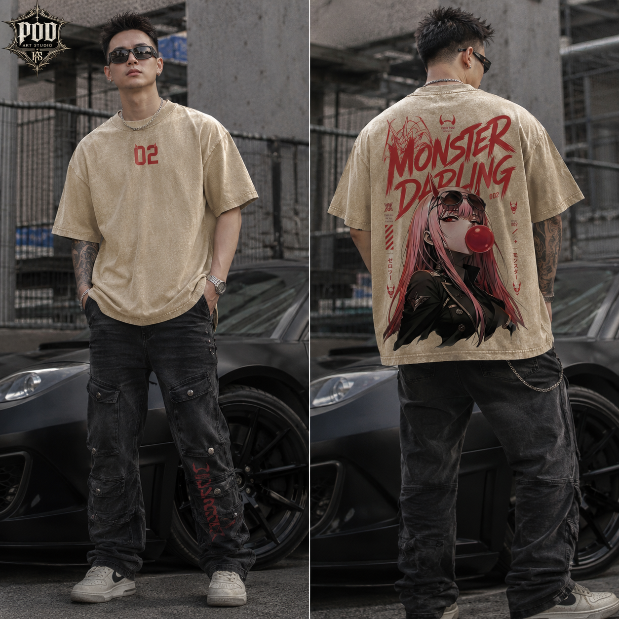 Zero Two Monster Darling Vintage Washed Oversized Anime T-Shirt, Darling in the Franxx Graphic Tee, Japanese Streetwear Shirt