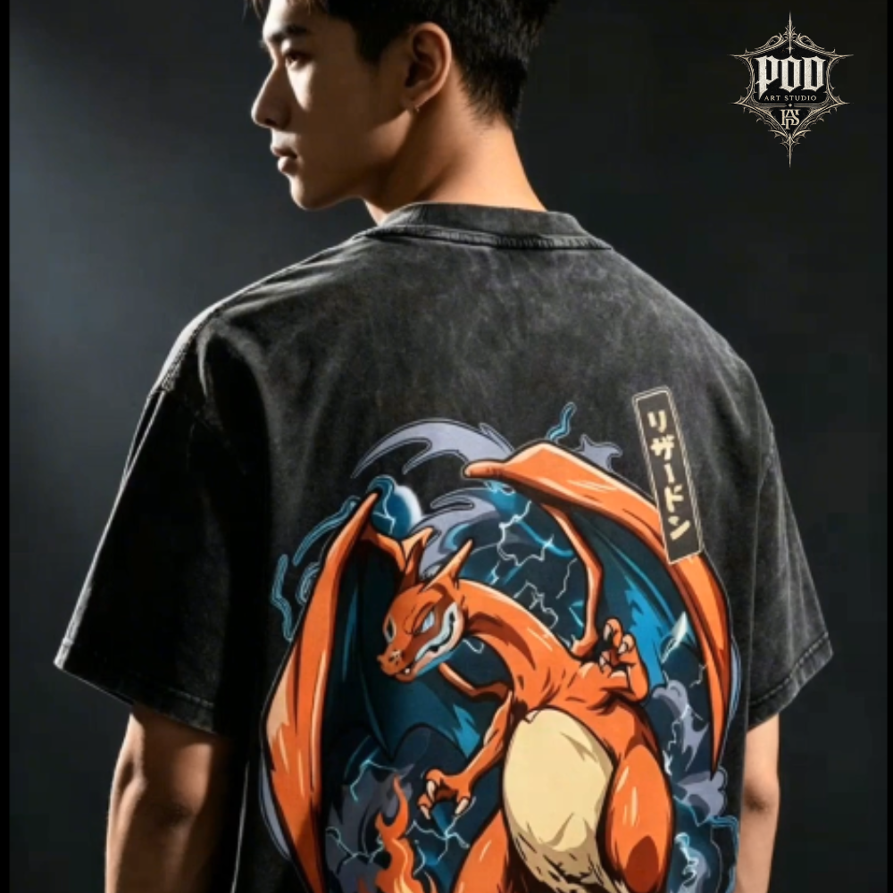 Charizard Flame Dragon Vintage Washed Oversized T-Shirt