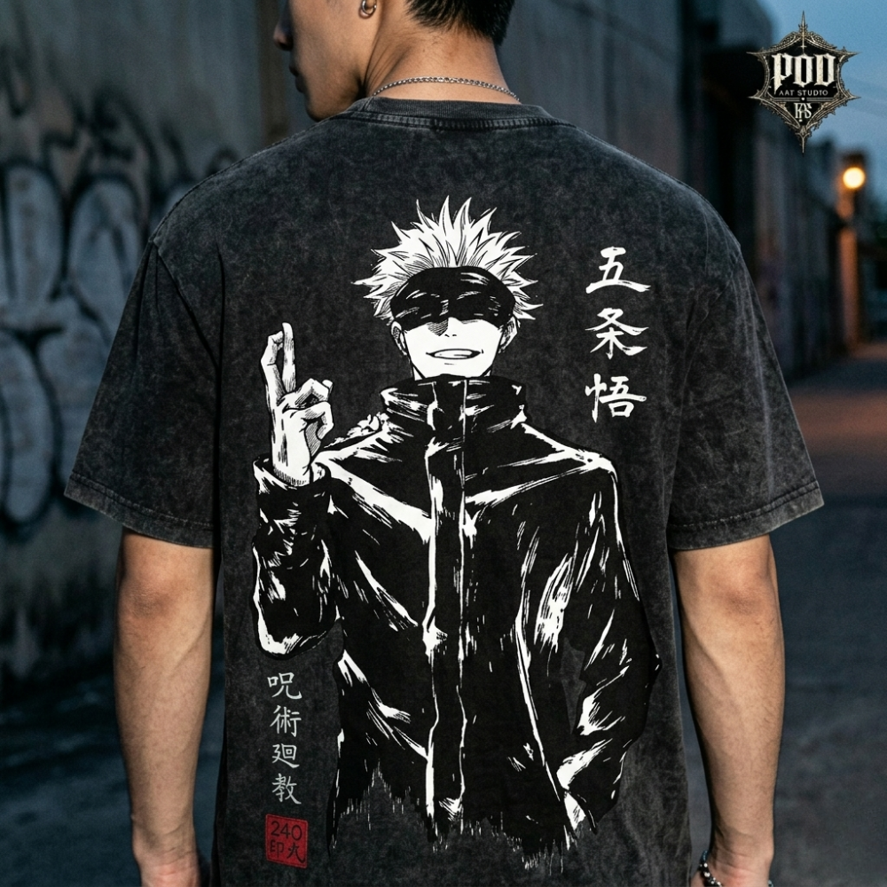 Gojo Satoru Vintage Anime Oversized T-Shirt, Jujutsu Kaisen Graphic Tee, Japanese Manga Streetwear Shirt, Washed Black Unisex Tee
