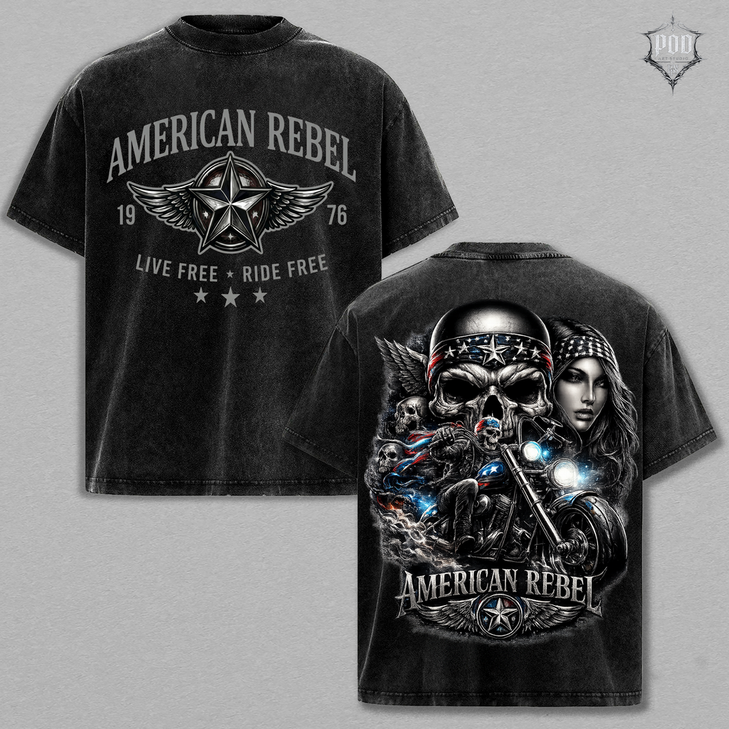 American Rebel Vintage Washed Oversized Biker Graphic T-Shirt – Live Free Ride Free Acid Wash Streetwear Tee