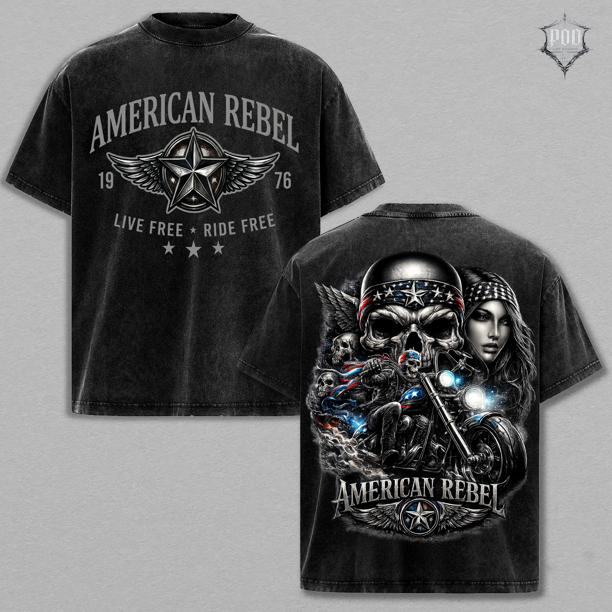 American Rebel Vintage Washed Oversized Biker Graphic T-Shirt – Live Free Ride Free Acid Wash Streetwear Tee