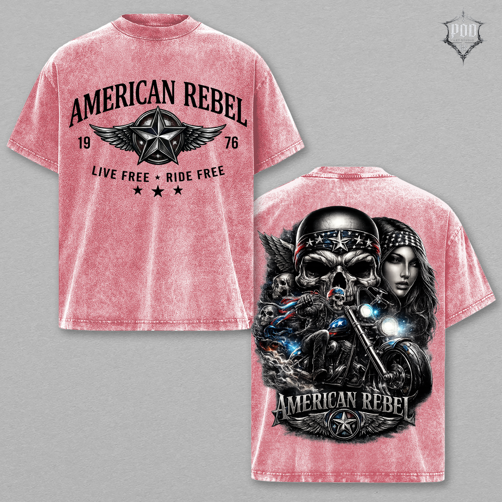 American Rebel Vintage Washed Oversized Biker Graphic T-Shirt – Live Free Ride Free Acid Wash Streetwear Tee
