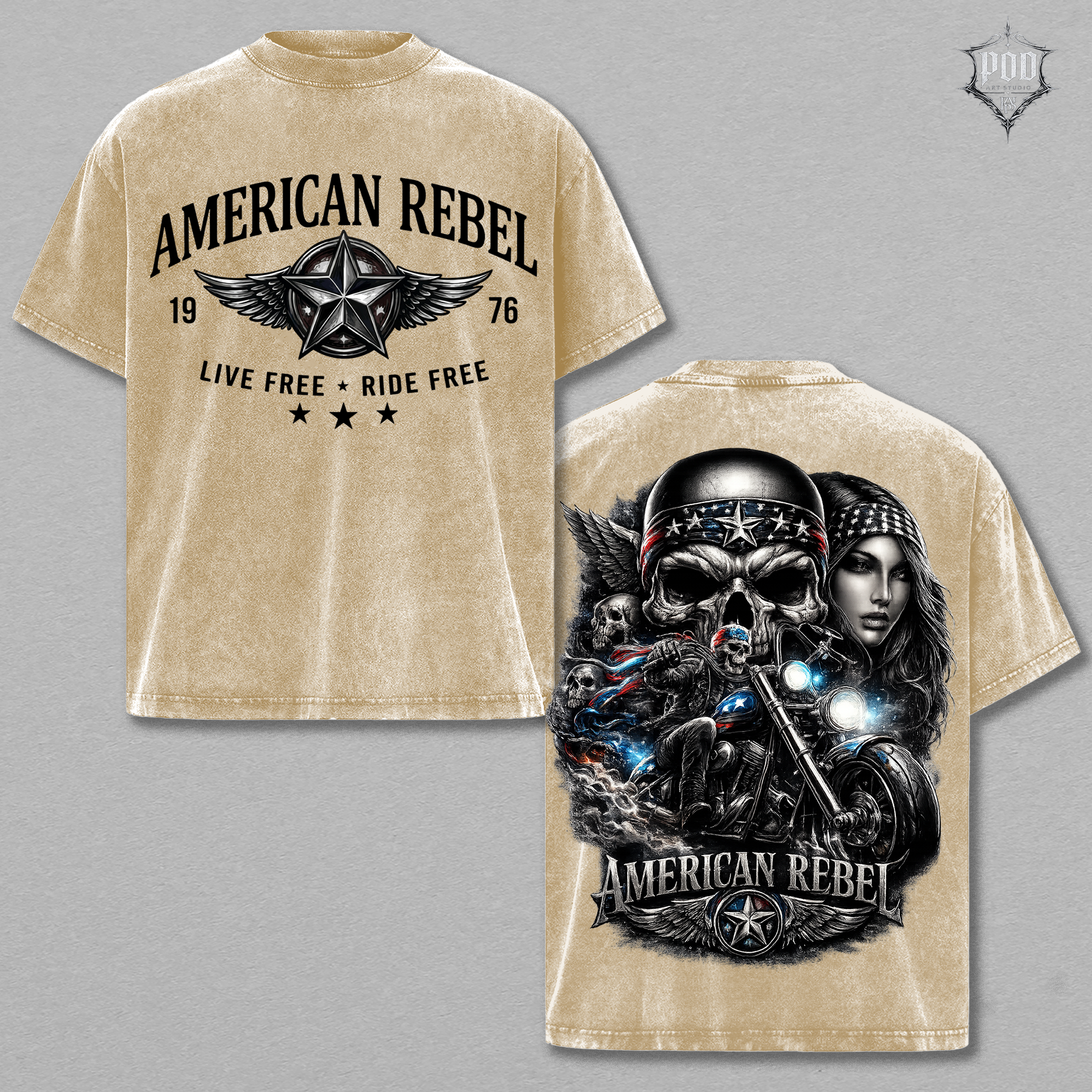 American Rebel Vintage Washed Oversized Biker Graphic T-Shirt – Live Free Ride Free Acid Wash Streetwear Tee