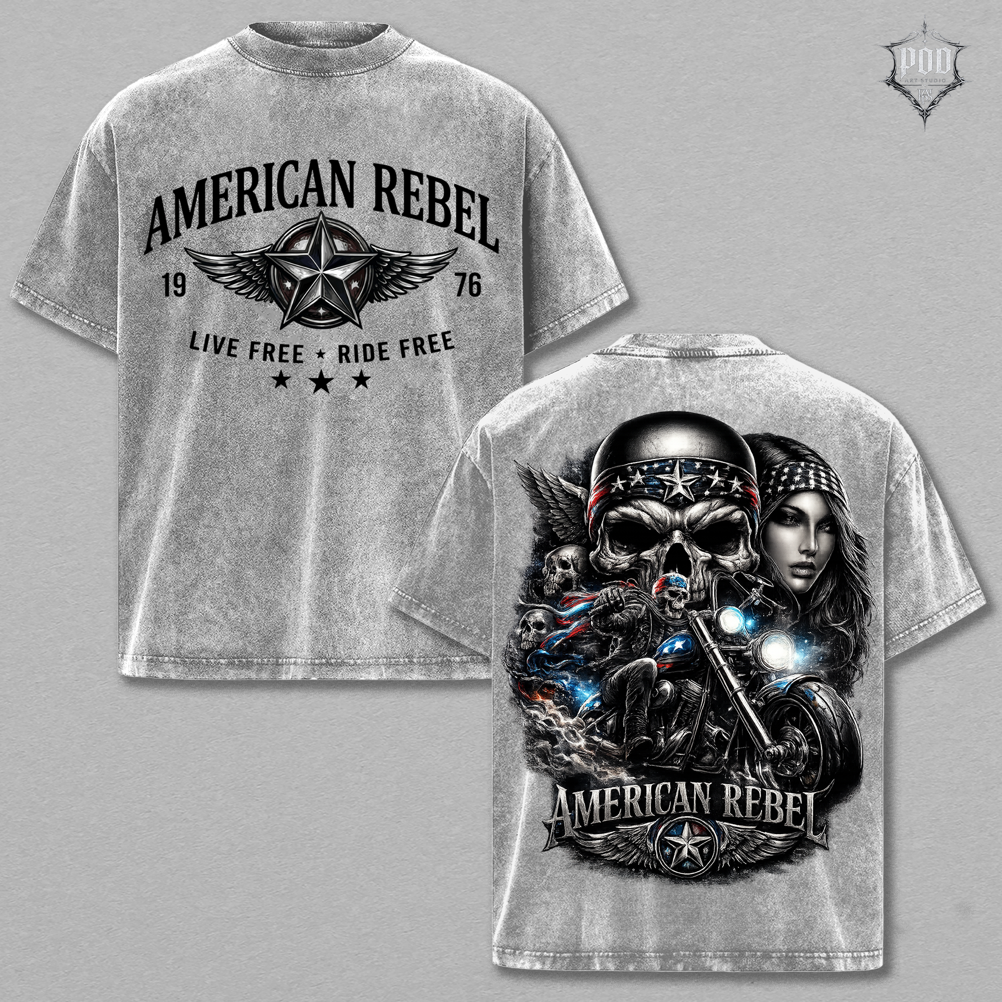 American Rebel Vintage Washed Oversized Biker Graphic T-Shirt – Live Free Ride Free Acid Wash Streetwear Tee