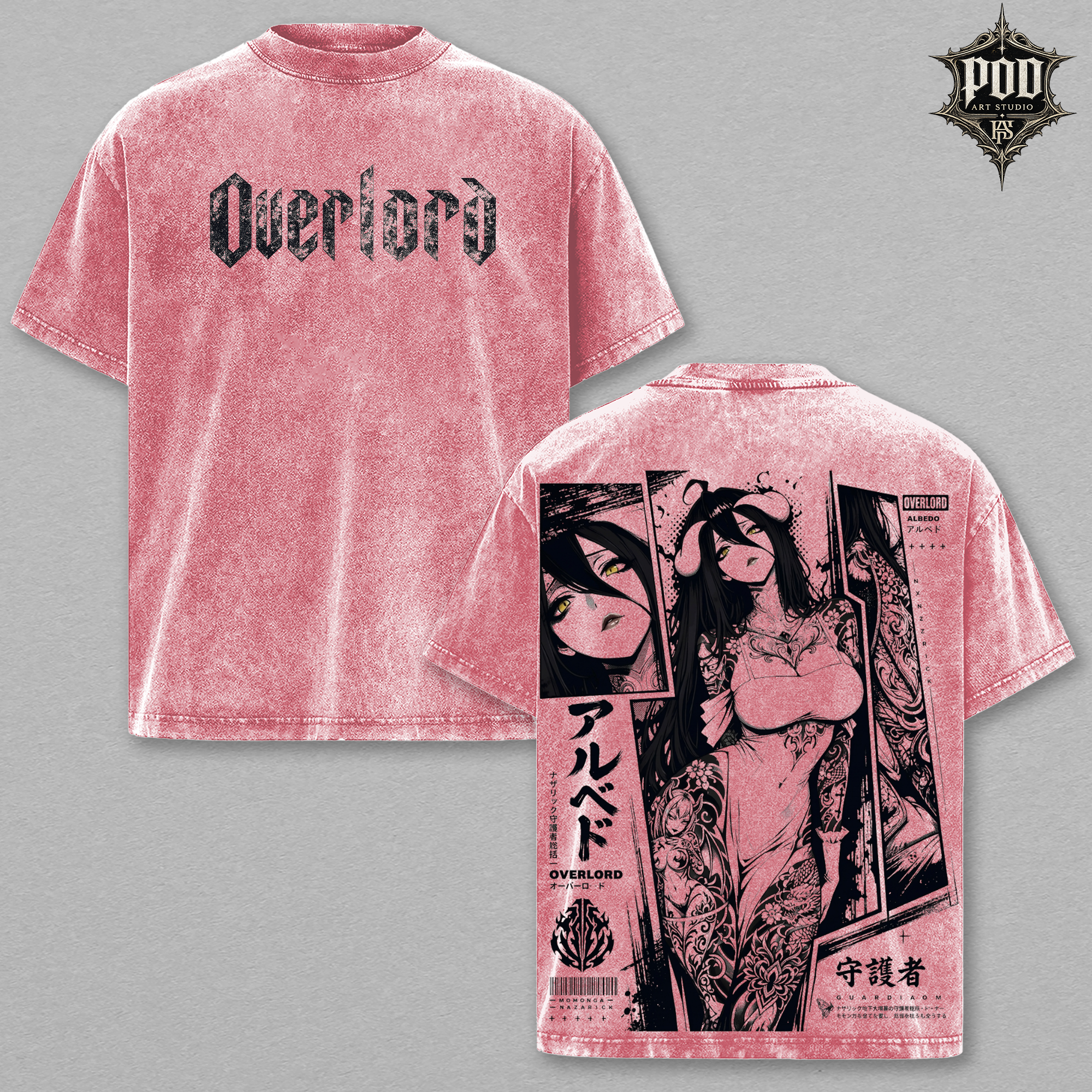 Albedo Overlord Anime Double Printed Vintage Washed Tee Unisex Oversize Anime Manga Washed Heavyweight Cotton T-shirt