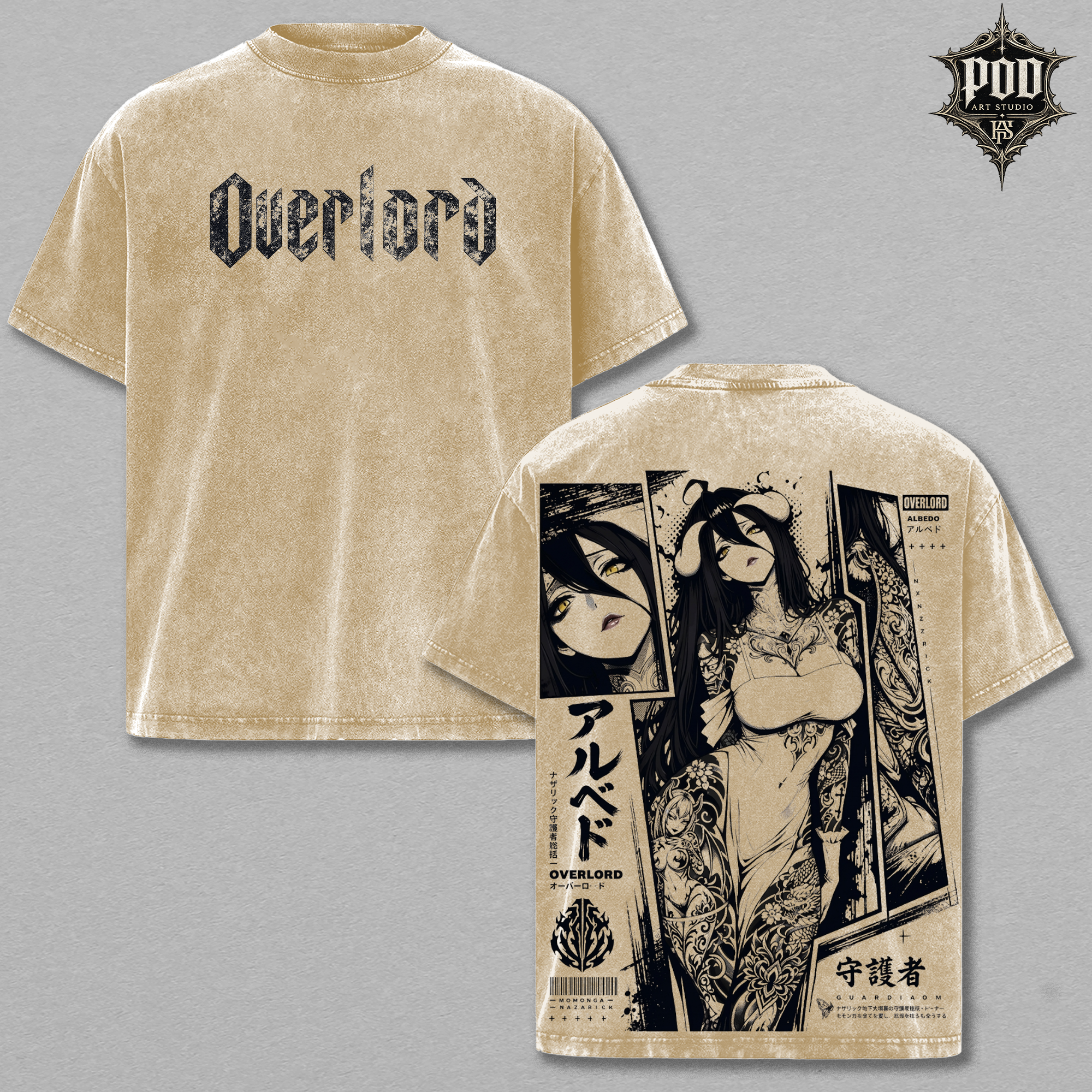 Albedo Overlord Anime Double Printed Vintage Washed Tee Unisex Oversize Anime Manga Washed Heavyweight Cotton T-shirt