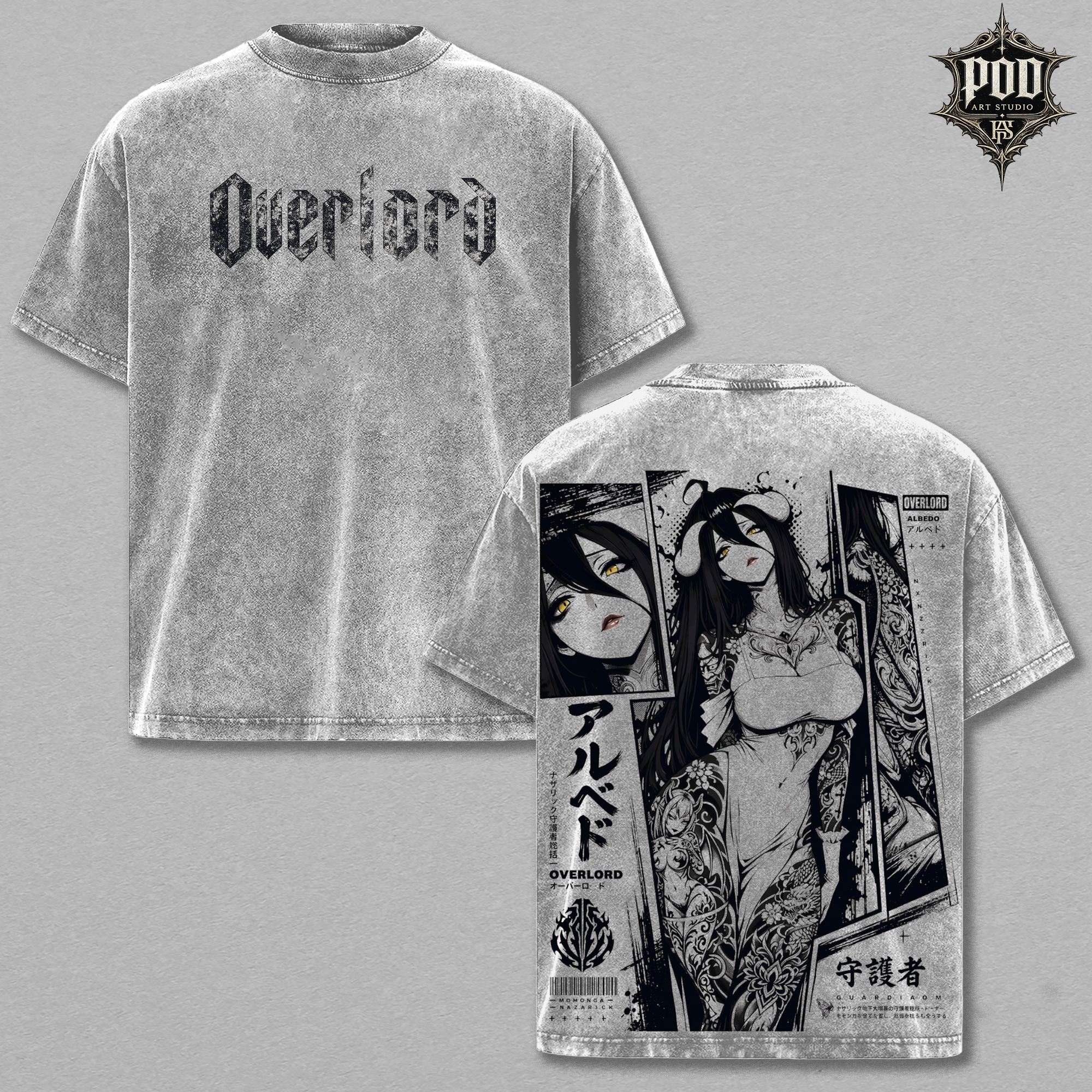 Albedo Overlord Anime Double Printed Vintage Washed Tee Unisex Oversize Anime Manga Washed Heavyweight Cotton T-shirt
