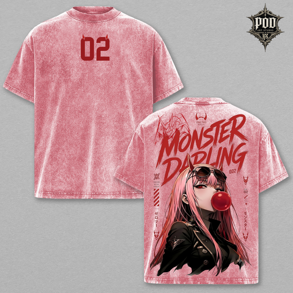 Zero Two Monster Darling Vintage Washed Oversized Anime T-Shirt, Darling in the Franxx Graphic Tee, Japanese Streetwear Shirt