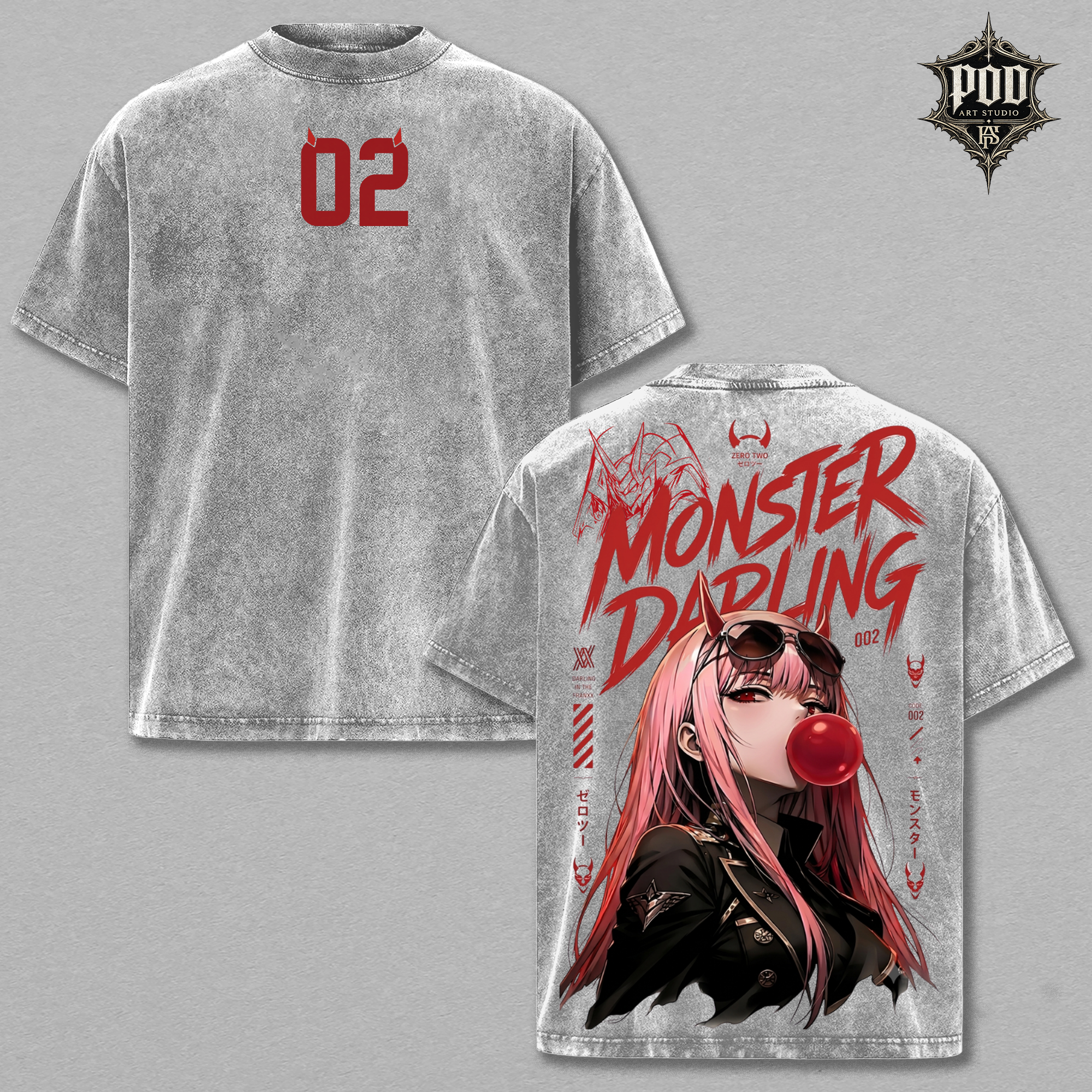 Zero Two Monster Darling Vintage Washed Oversized Anime T-Shirt, Darling in the Franxx Graphic Tee, Japanese Streetwear Shirt