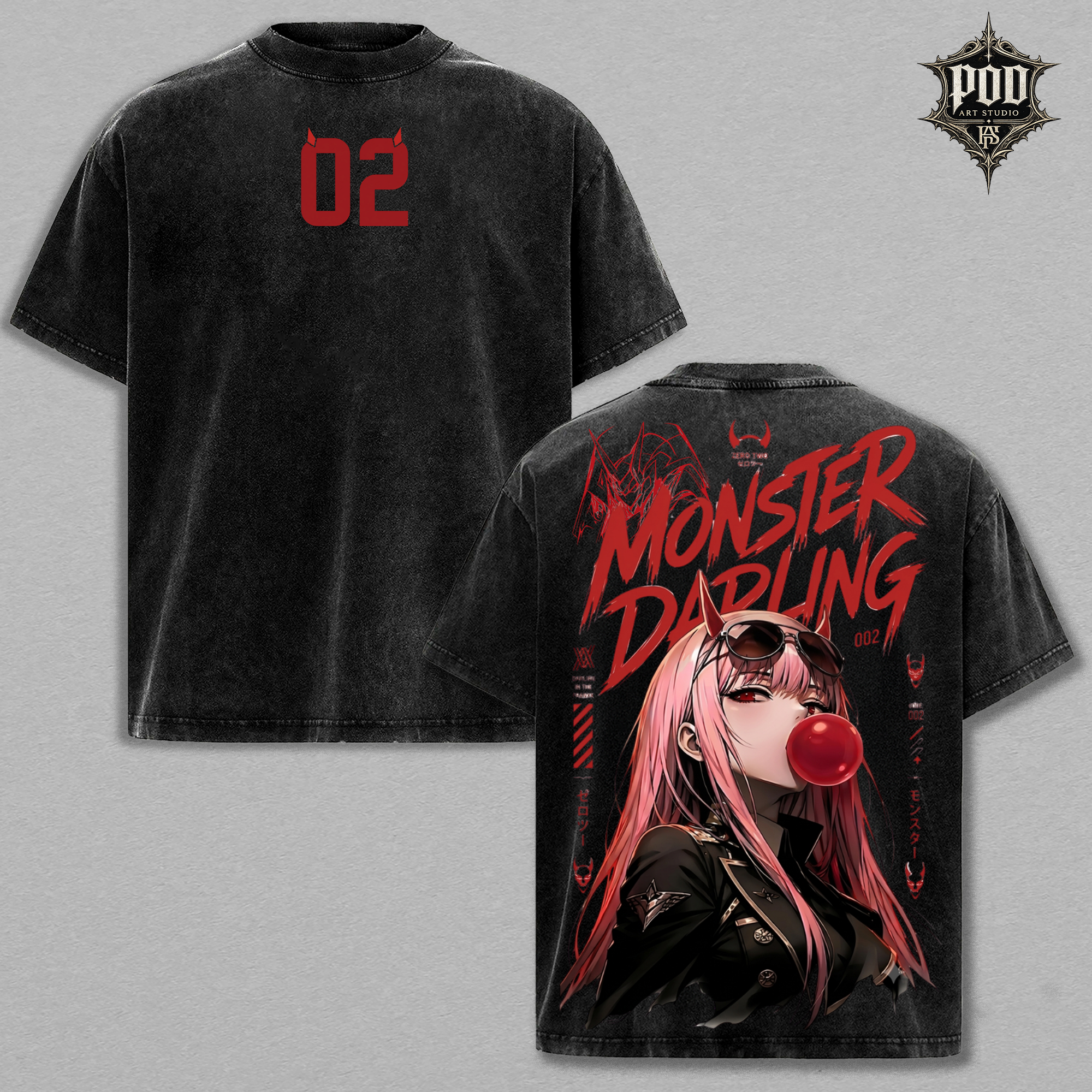 Zero Two Monster Darling Vintage Washed Oversized Anime T-Shirt, Darling in the Franxx Graphic Tee, Japanese Streetwear Shirt
