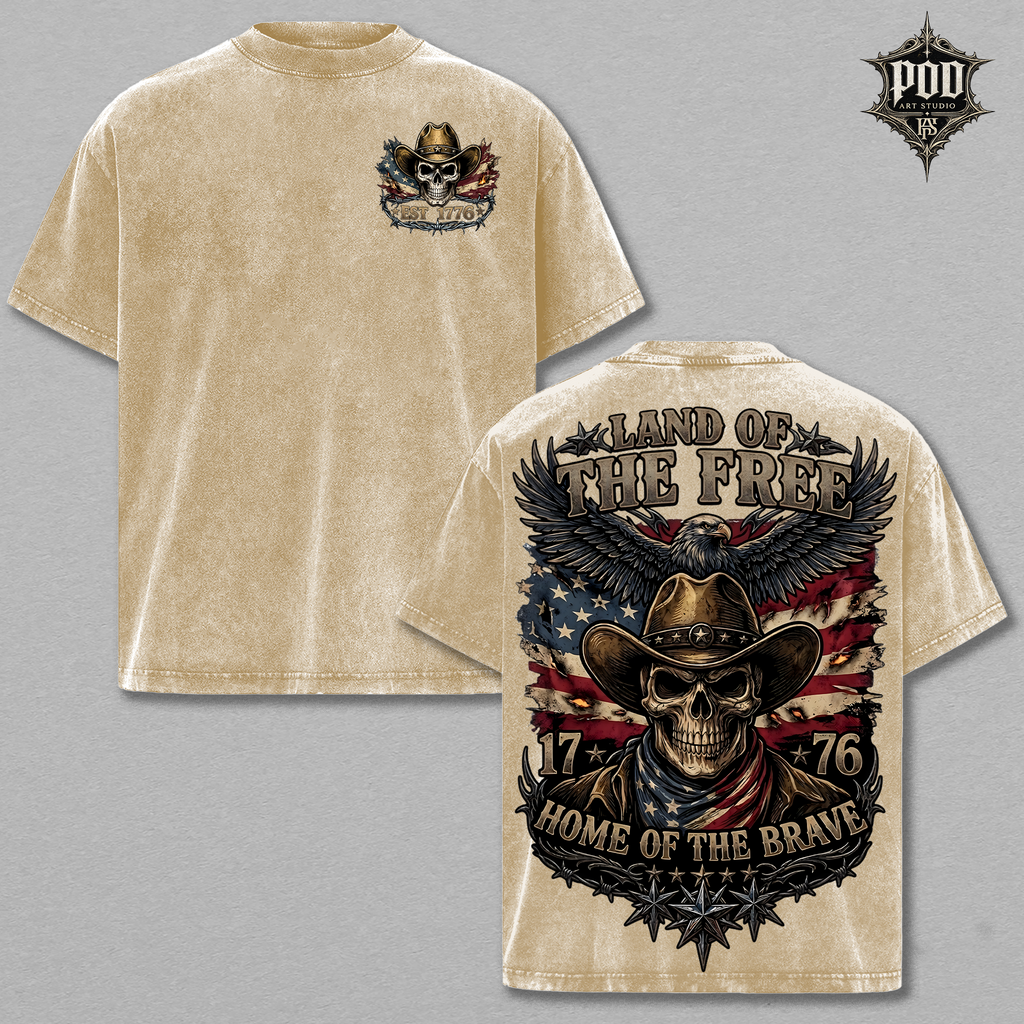 Land of the Free Cowboy Skull Shirt | Patriotic Eagle Tee | Vintage Washed Freedom T-Shirt | Home of the Brave Graphic Tee | USA Independence Gift