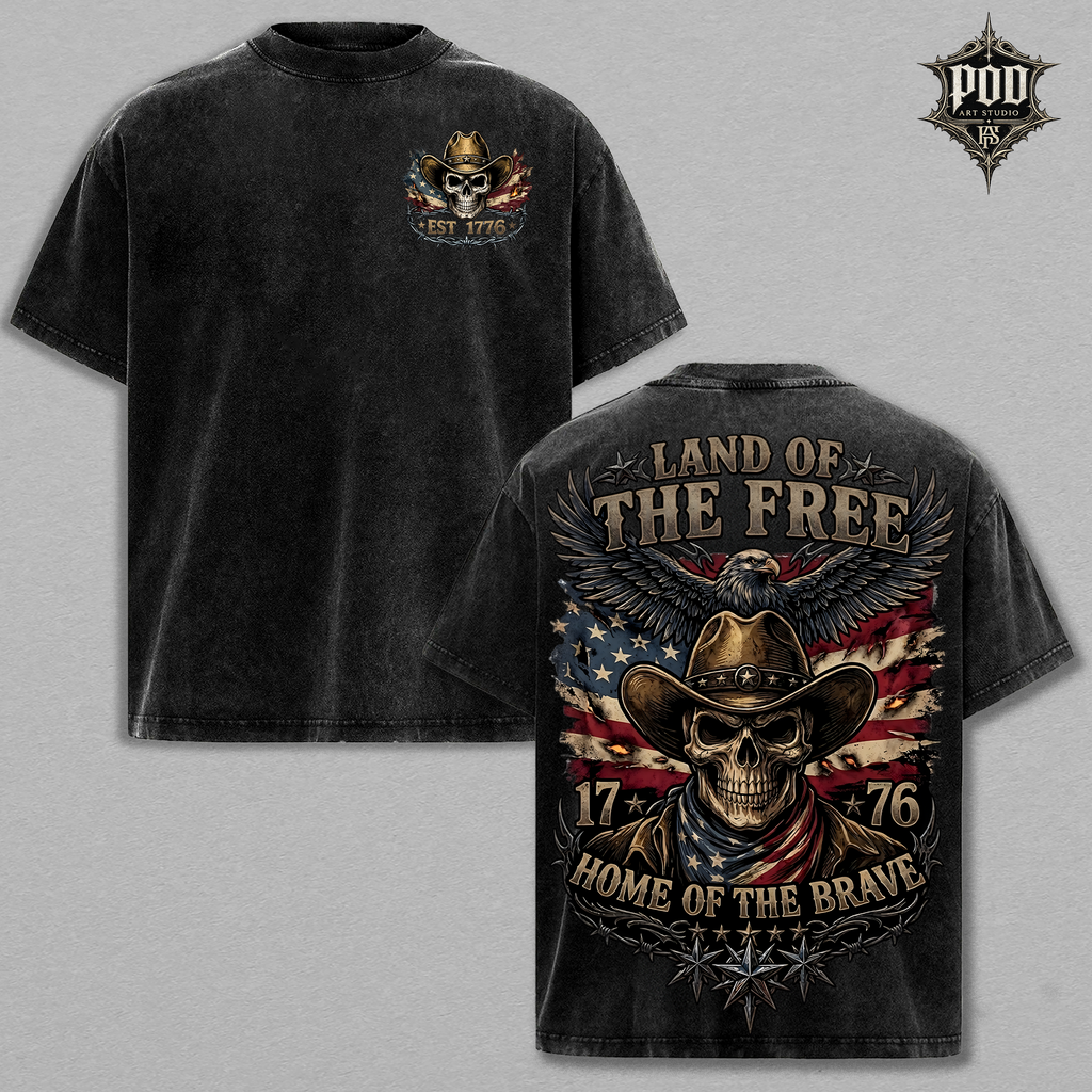 Land of the Free Cowboy Skull Shirt | Patriotic Eagle Tee | Vintage Washed Freedom T-Shirt | Home of the Brave Graphic Tee | USA Independence Gift
