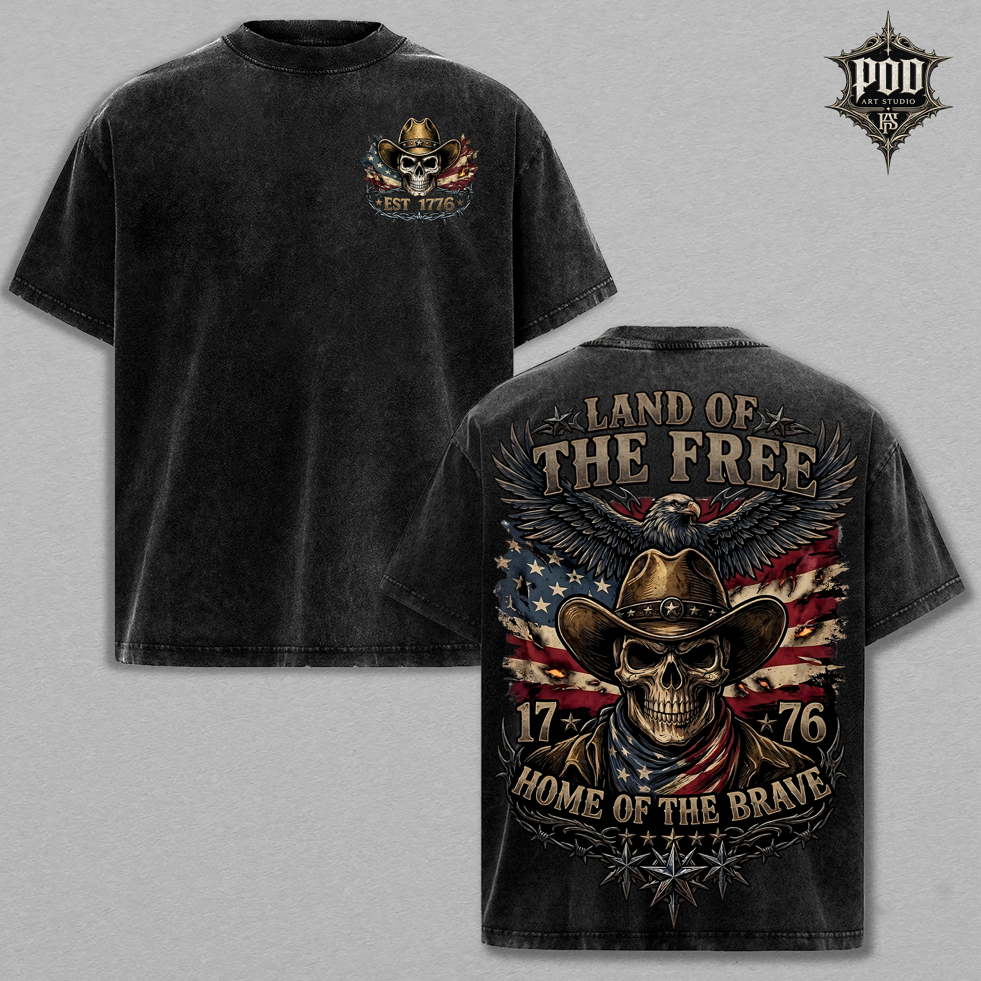 Land of the Free Cowboy Skull Shirt | Patriotic Eagle Tee | Vintage Washed Freedom T-Shirt | Home of the Brave Graphic Tee | USA Independence Gift