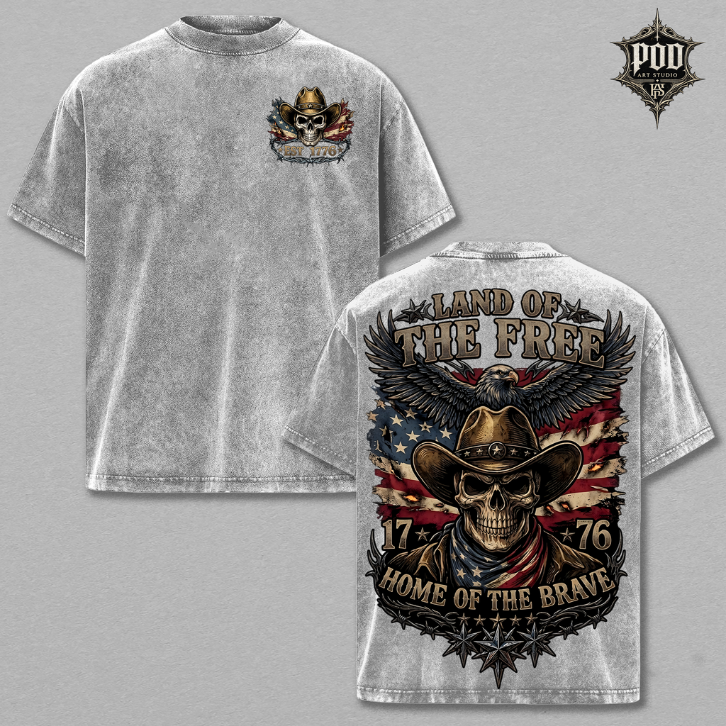 Land of the Free Cowboy Skull Shirt | Patriotic Eagle Tee | Vintage Washed Freedom T-Shirt | Home of the Brave Graphic Tee | USA Independence Gift