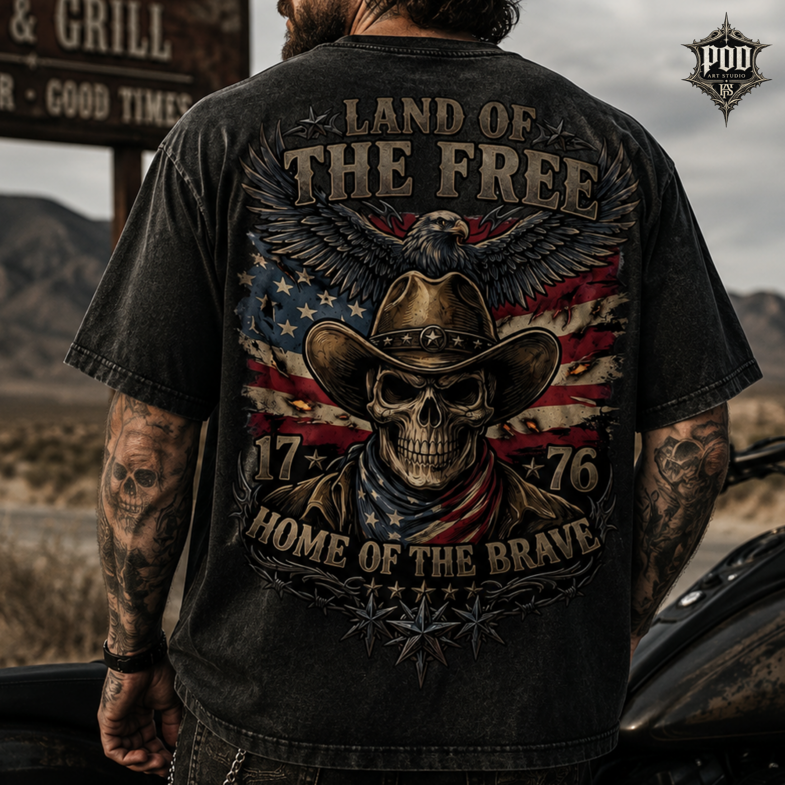 Land of the Free Cowboy Skull Shirt | Patriotic Eagle Tee | Vintage Washed Freedom T-Shirt | Home of the Brave Graphic Tee | USA Independence Gift