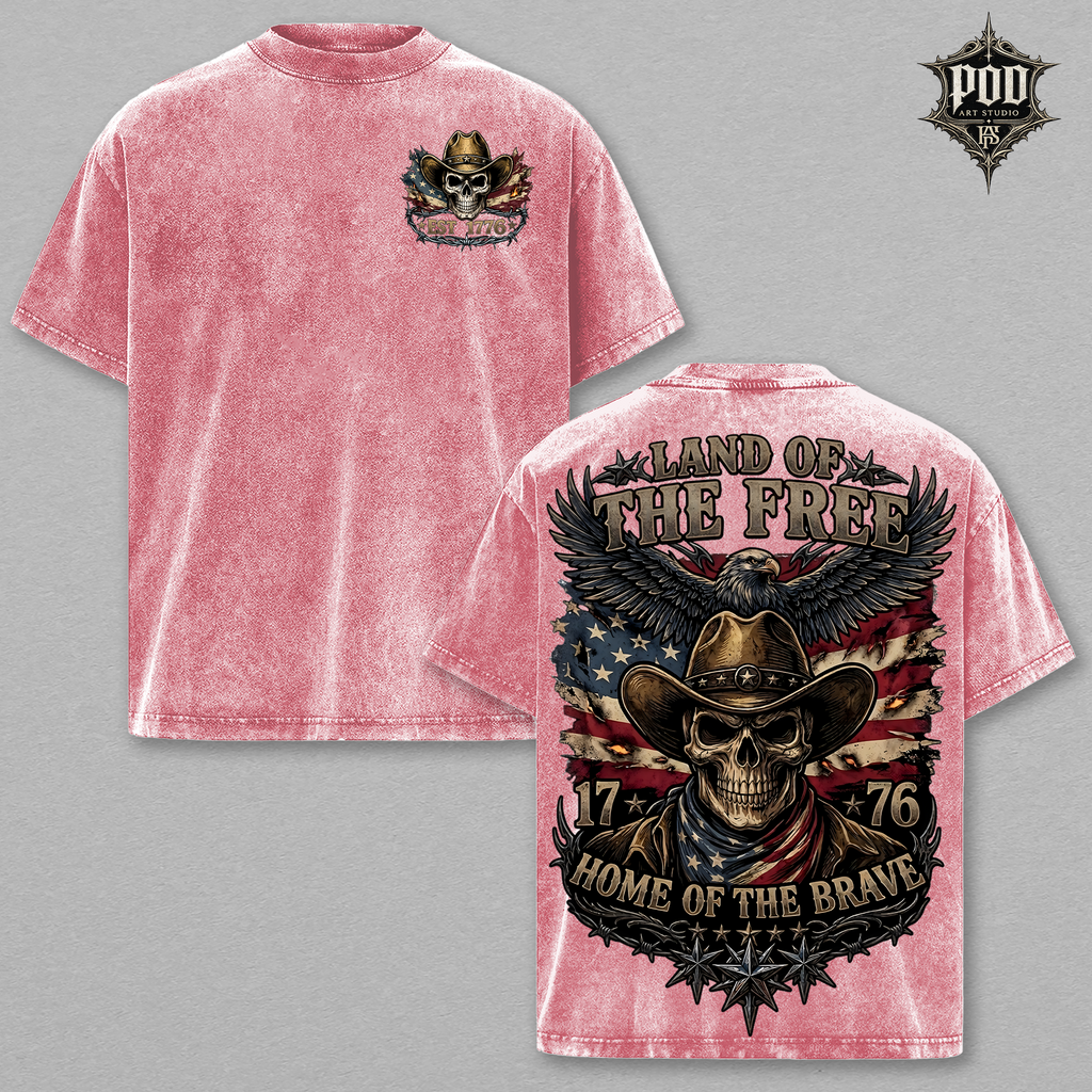Land of the Free Cowboy Skull Shirt | Patriotic Eagle Tee | Vintage Washed Freedom T-Shirt | Home of the Brave Graphic Tee | USA Independence Gift
