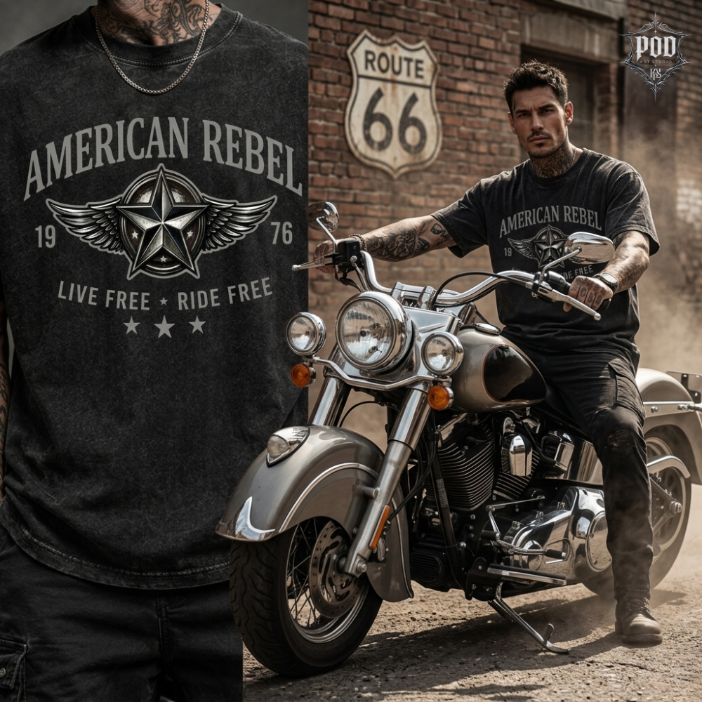 American Rebel Vintage Washed Oversized Biker Graphic T-Shirt – Live Free Ride Free Acid Wash Streetwear Tee
