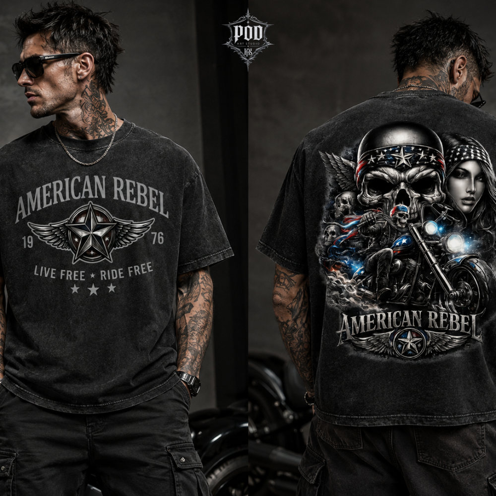 American Rebel Vintage Washed Oversized Biker Graphic T-Shirt – Live Free Ride Free Acid Wash Streetwear Tee