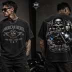 American Rebel Vintage Washed Oversized Biker Graphic T-Shirt – Live Free Ride Free Acid Wash Streetwear Tee