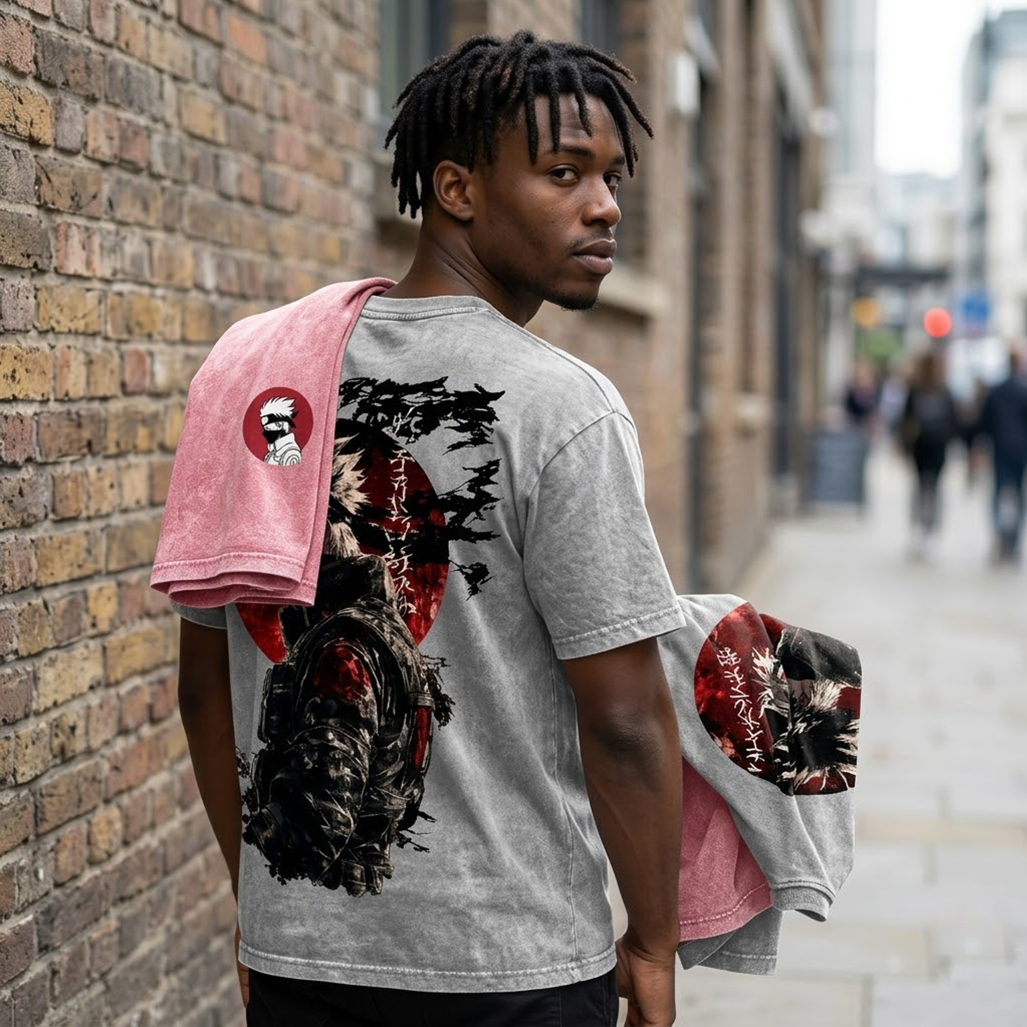 Vintage Kakashi Acid Wash Anime Tee ,Retro Kakashi Copy Ninja Mineral Wash T-Shirt , Kakashi Sharingan "Red Moon" Streetwear Tee , Oversized Kakashi Vintage Grey Graphic T-Shirt