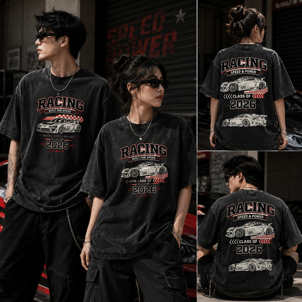 Racing Vintage Wash Graphic Tee – Heavyweight Oversized Streetwear T-Shirt