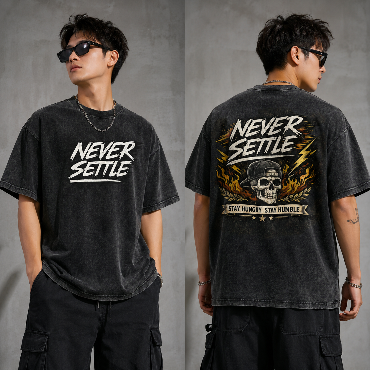 Never Settle Vintage Wash Oversized T-Shirt, Skull Graphic Tee, Stay Hungry Stay Humble Shirt, Streetwear Washed Cotton Tee, Unisex Gift (Bản sao)